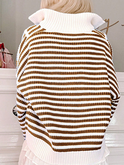 Boho Retro Vintage 90's Vibe Cotton Drop Shoulder Over Size High Neck Zip Up Sleeve  Stripe Sweat Shirt  Top PullOver Sweater