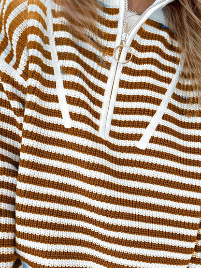 Boho Retro Vintage 90's Vibe Cotton Drop Shoulder Over Size High Neck Zip Up Sleeve  Stripe Sweat Shirt  Top PullOver Sweater