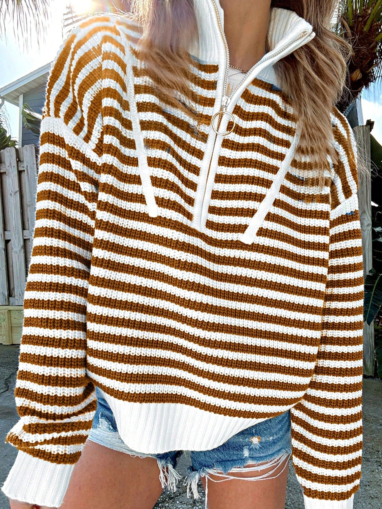 Boho Retro Vintage 90's Vibe Cotton Drop Shoulder Over Size High Neck Zip Up Sleeve  Stripe Sweat Shirt  Top PullOver Sweater