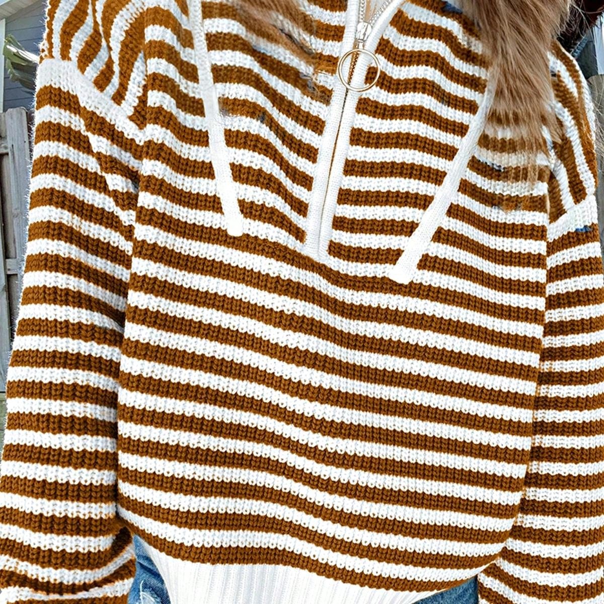Boho Retro Vintage 90's Vibe Cotton Drop Shoulder Over Size High Neck Zip Up Sleeve  Stripe Sweat Shirt  Top PullOver Sweater