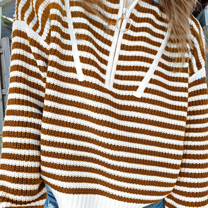 Boho Retro Vintage 90's Vibe Cotton Drop Shoulder Over Size High Neck Zip Up Sleeve  Stripe Sweat Shirt  Top PullOver Sweater