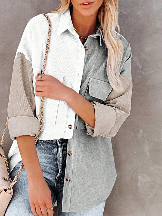 Boho Retro Vintage  90's  Grey Cream Corduroy Button Patchwork Pocket Loose  Oversized Shacket Cardigan Shirt