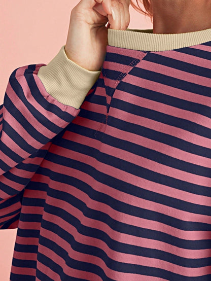 Boho Retro 90's Cotton Mix  Drop Shoulder Pink Mint Stripe Color Block Oversized Dolman T Shirt Top Shirt Blouse | Small-3 XL