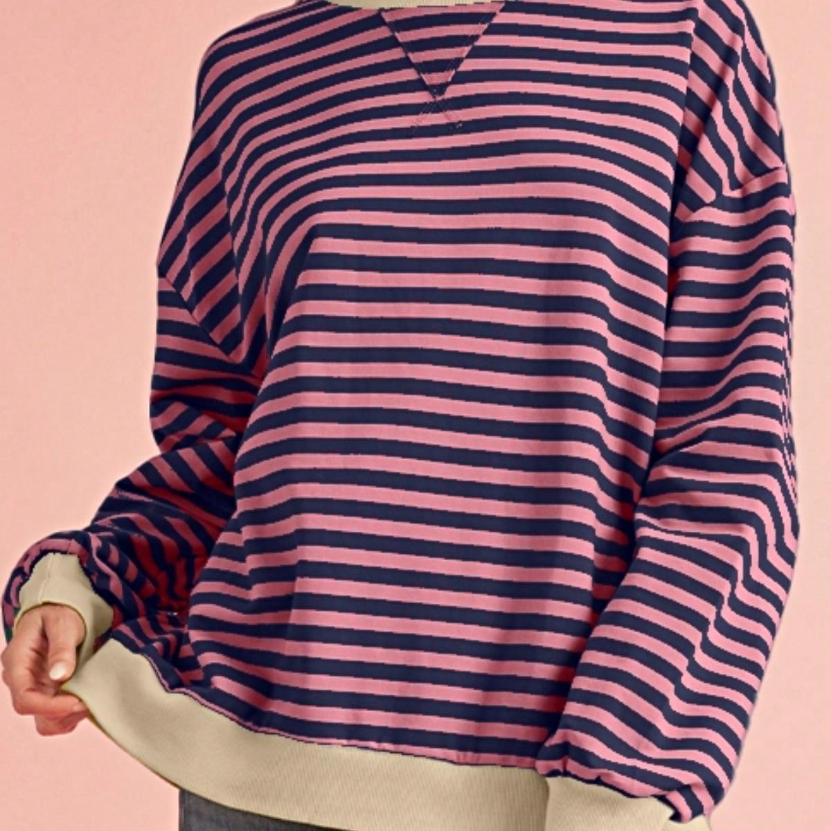 Boho Retro 90's Cotton Mix  Drop Shoulder Pink Mint Stripe Color Block Oversized Dolman T Shirt Top Shirt Blouse | Small-3 XL