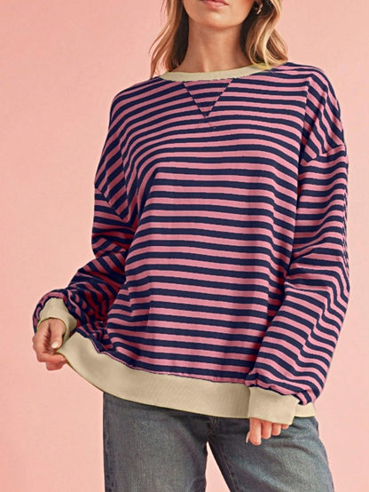 Boho Retro 90's Cotton Mix  Drop Shoulder Pink Mint Stripe Color Block Oversized Dolman T Shirt Top Shirt Blouse | Small-3 XL