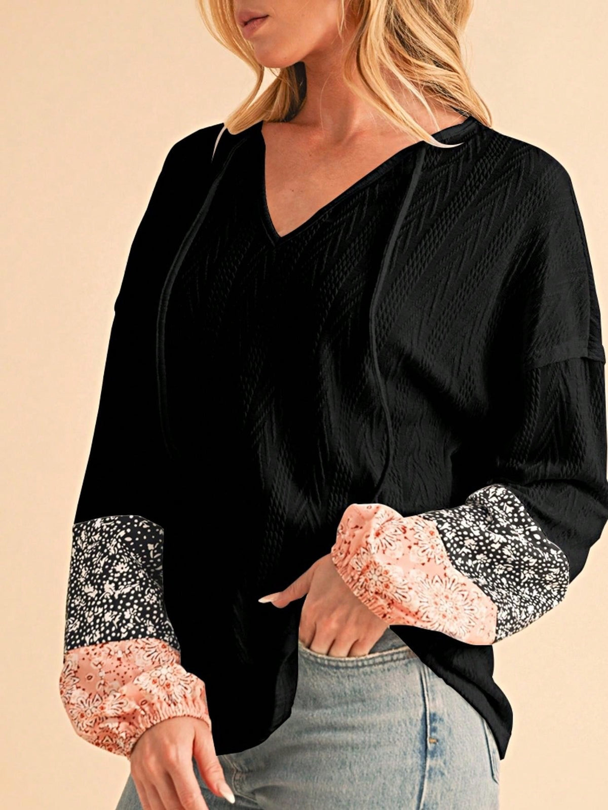 Boho Retro 90's Vintage Ditsy Floral V Neck Cable Knit Print  Bubble Puff Long Sleeve Tunic Drawstring Top Sweater