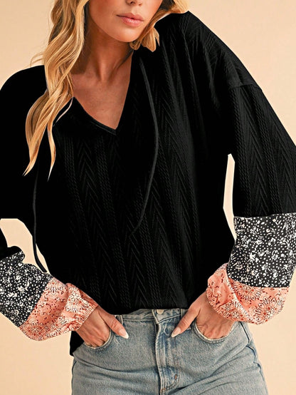 Boho Retro 90's Vintage Ditsy Floral V Neck Cable Knit Print  Bubble Puff Long Sleeve Tunic Drawstring Top Sweater