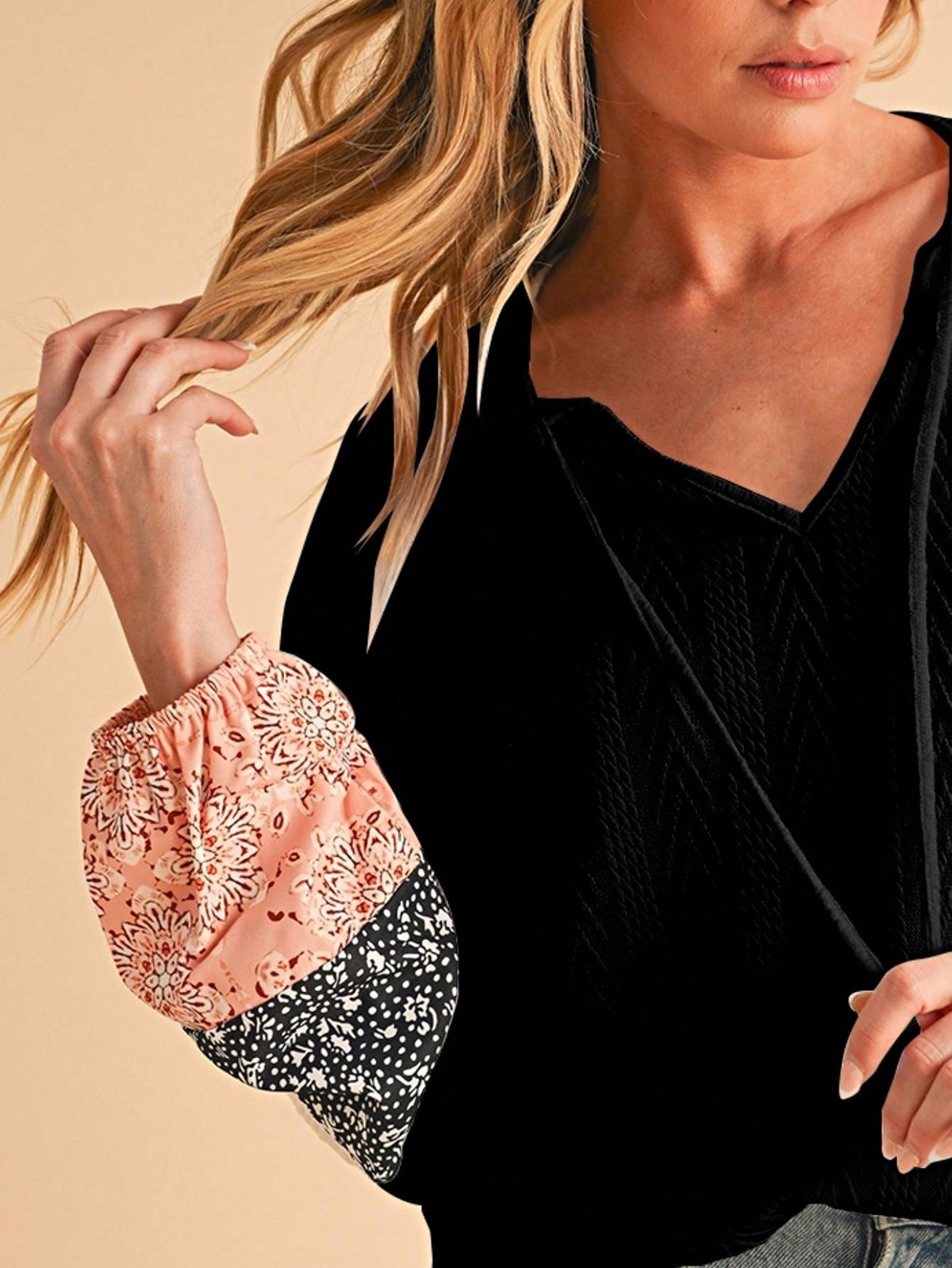 Boho Retro 90's Vintage Ditsy Floral V Neck Cable Knit Print  Bubble Puff Long Sleeve Tunic Drawstring Top Sweater