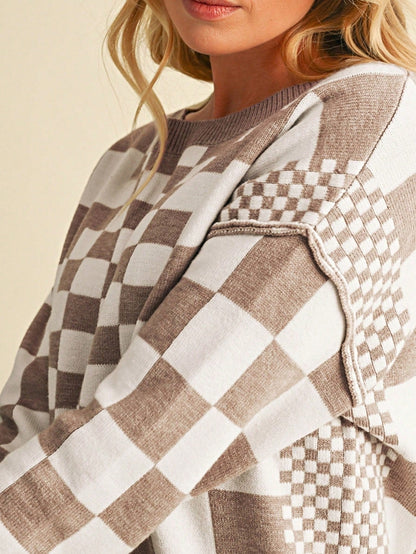 Boho Retro Vintage Viscose 60's  Drop Shoulder Button Henley Side  Sleeve Khaki Beige Checkered Cream Sweater Knit Top Pullover Red