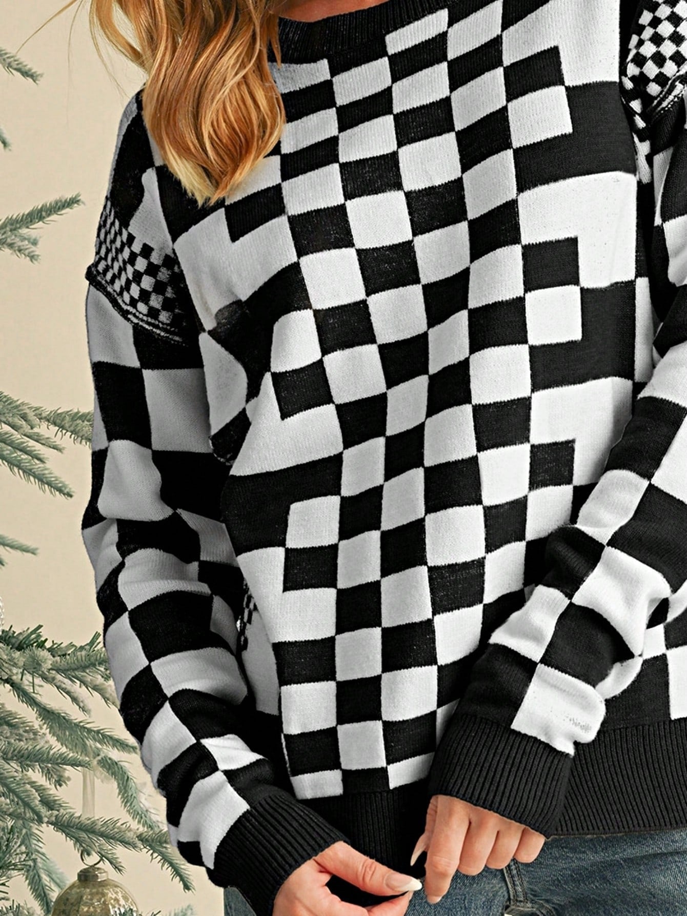 Boho Retro Vintage Viscose 60's  Drop Shoulder Button Henley Side  Sleeve Khaki Beige Checkered Cream Sweater Knit Top Pullover Red