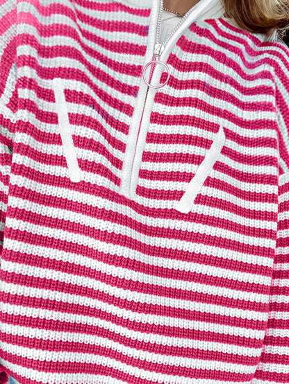 Boho Retro Vintage 90's Vibe Cotton Drop Shoulder Over Size High Neck Zip Up Sleeve  Stripe Sweat Shirt  Top PullOver Sweater