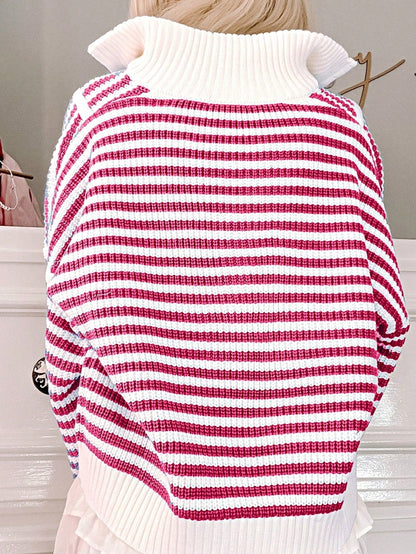 Boho Retro Vintage 90's Vibe Cotton Drop Shoulder Over Size High Neck Zip Up Sleeve  Stripe Sweat Shirt  Top PullOver Sweater