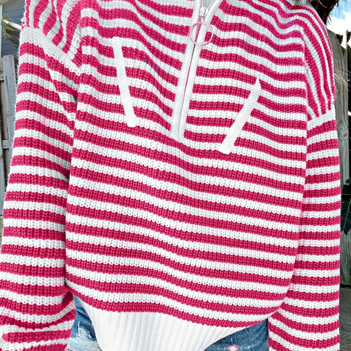 Boho Retro Vintage 90's Vibe Cotton Drop Shoulder Over Size High Neck Zip Up Sleeve  Stripe Sweat Shirt  Top PullOver Sweater