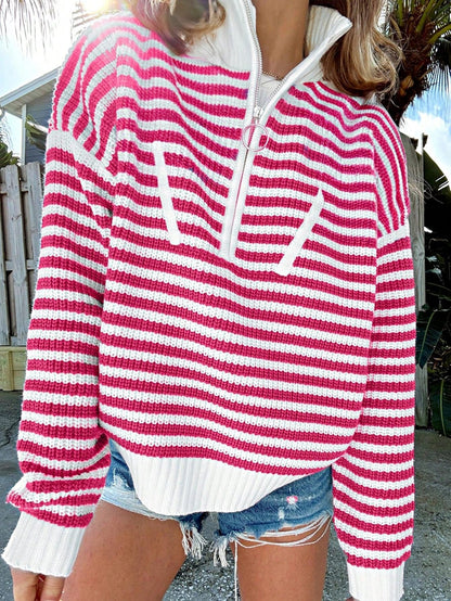 Boho Retro Vintage 90's Vibe Cotton Drop Shoulder Over Size High Neck Zip Up Sleeve  Stripe Sweat Shirt  Top PullOver Sweater