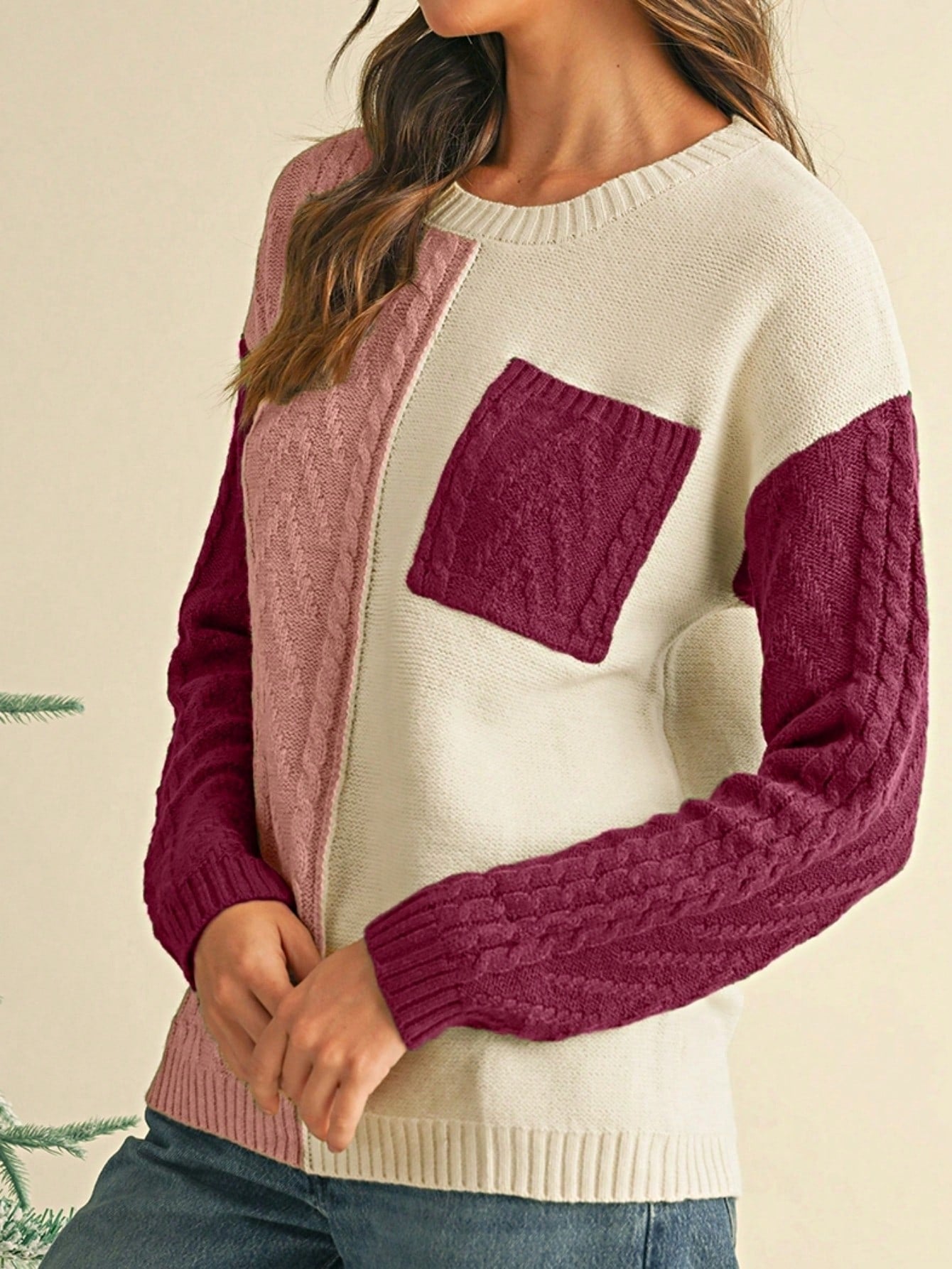 Green Pink Boho Retro Vintage 60's  Drop Shoulder Cable Knit Sleeve  Cozy Pocketed Sweater