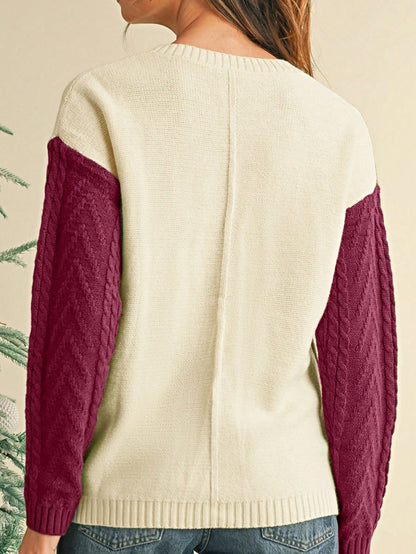 Green Pink Boho Retro Vintage 60's  Drop Shoulder Cable Knit Sleeve  Cozy Pocketed Sweater
