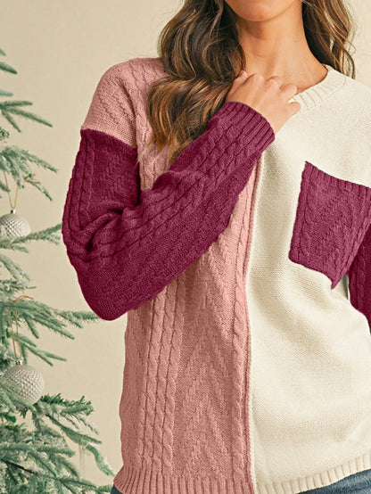 Green Pink Boho Retro Vintage 60's  Drop Shoulder Cable Knit Sleeve  Cozy Pocketed Sweater
