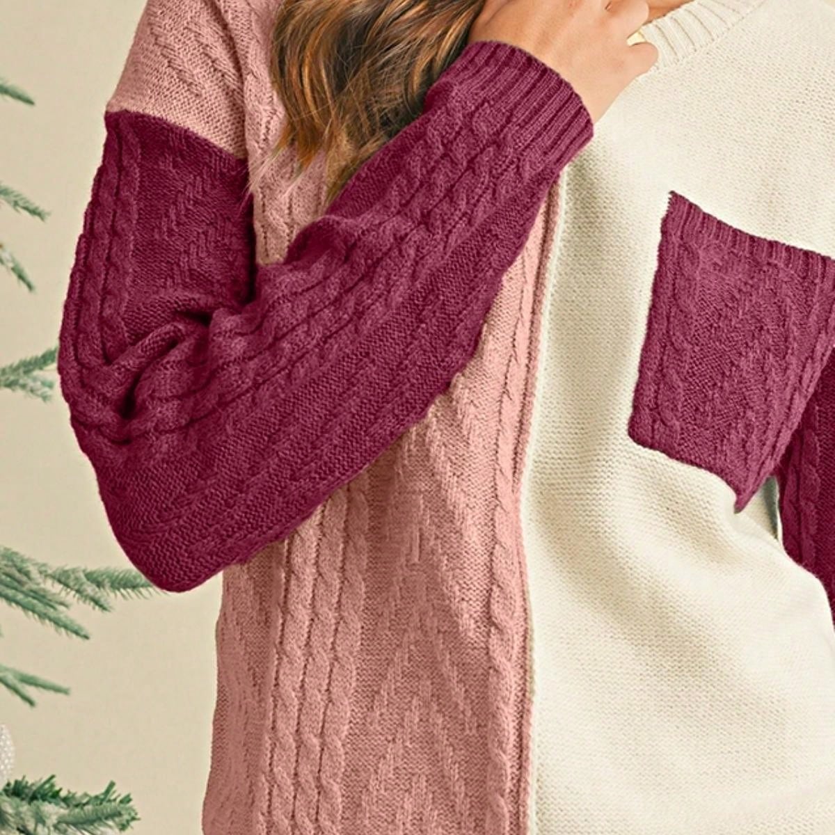 Green Pink Boho Retro Vintage 60's  Drop Shoulder Cable Knit Sleeve  Cozy Pocketed Sweater