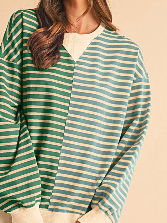 Boho Retro Vintage 90's Vibe Cotton Drop Shoulder Over Size Color Block Sleeve  Stripe Sweat Shirt  Top Pull Over Sweater