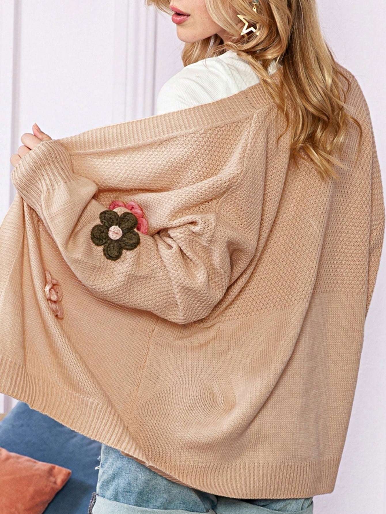 Boho Retro Vintage 60's Floral  Button Front Cable Knit Pocketed Green Khaki Applique Cropped Sweater Cardigan
