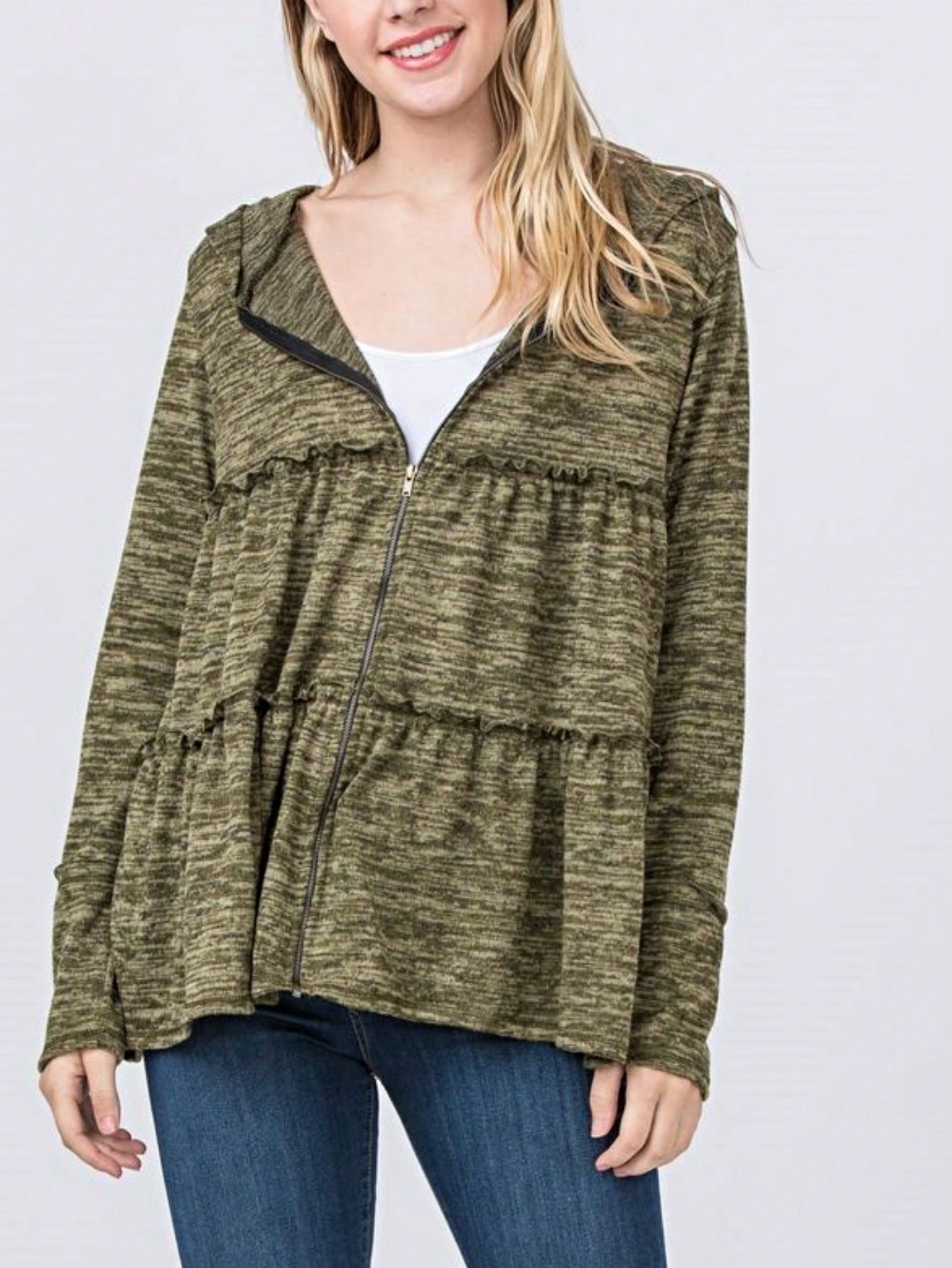 Boho Vintage 90's  Solid Brushed Knit Classic Tiered Hooded Zip Up Flared Cardigan Jacket