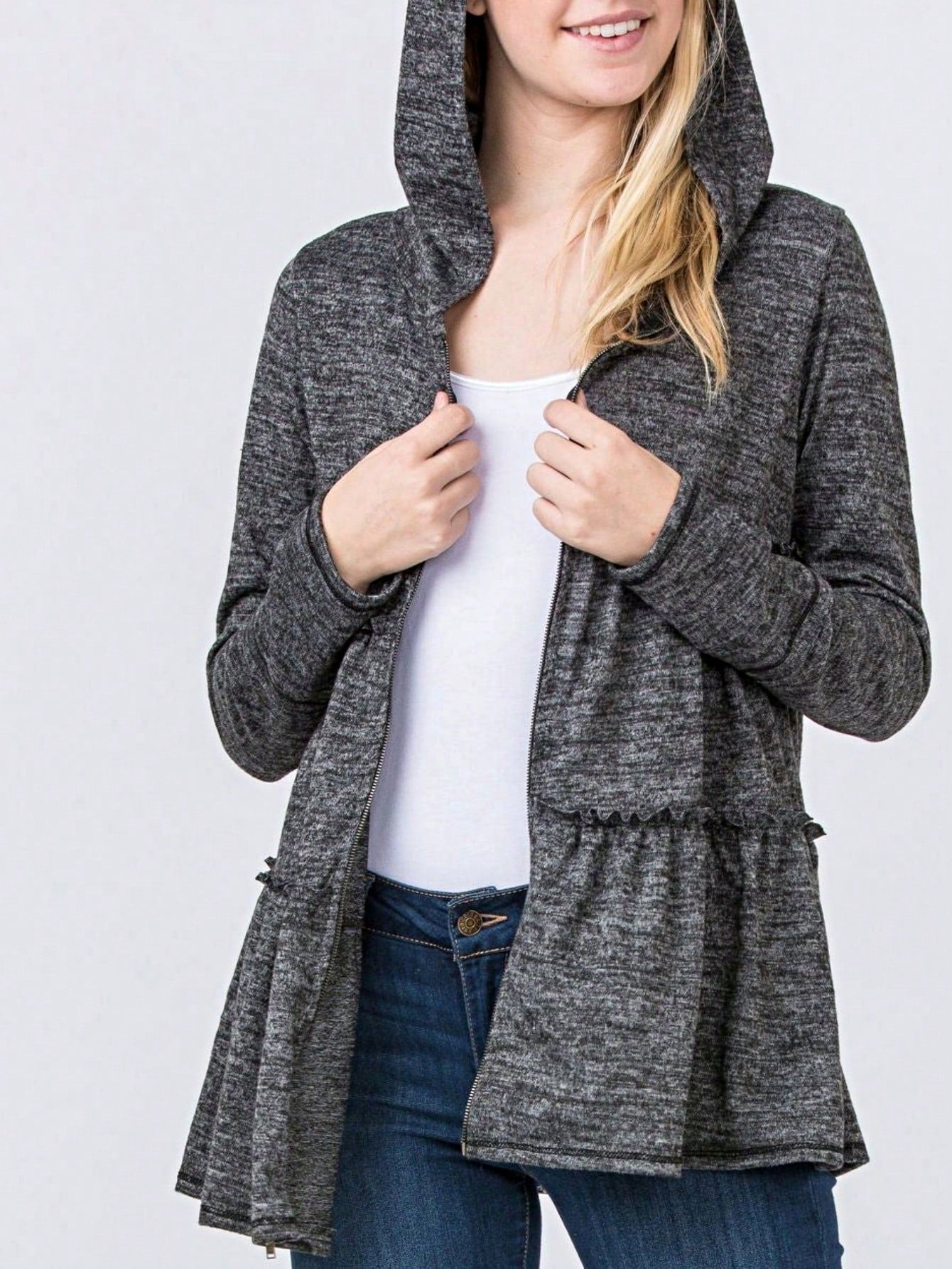 Boho Vintage 90's  Solid Brushed Knit Classic Tiered Hooded Zip Up Flared Cardigan Jacket