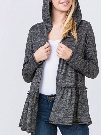 Boho Vintage 90's  Solid Brushed Knit Classic Tiered Hooded Zip Up Flared Cardigan Jacket
