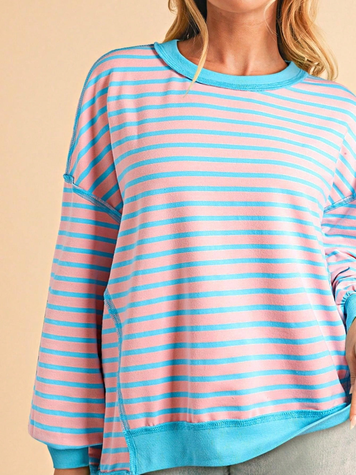 Boho Retro 90's Cotton Mix  Drop Shoulder Pink Mint Stripe Color Block Oversized Dolman T Shirt Top Shirt Blouse | Small-3 XL