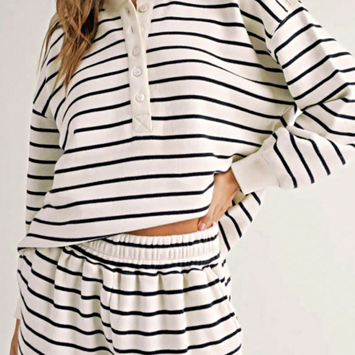 Boho Retro 90's Cotton Stripe Button Drop Shoulder Dolman Henley Top & Pants Shorts Set