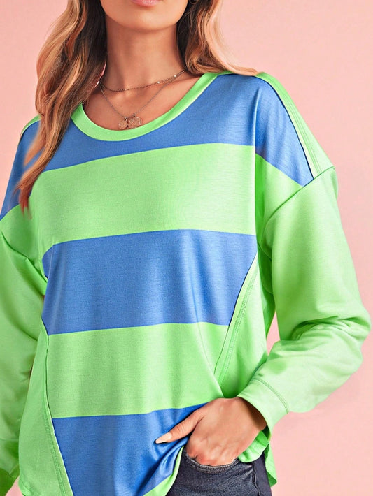 Boho Retro Vintage 90's Green Pink Stripe Drop Shoulder Color Block Sleeve Top Shirt Sweatshirt Pullover