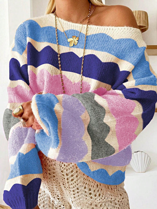 Barbi Pink Boho Retro Vintage 60's  Drop Shoulder Bubble Puff  Sleeve Wave Stripe Floral Overs Sized  Sweater Knit