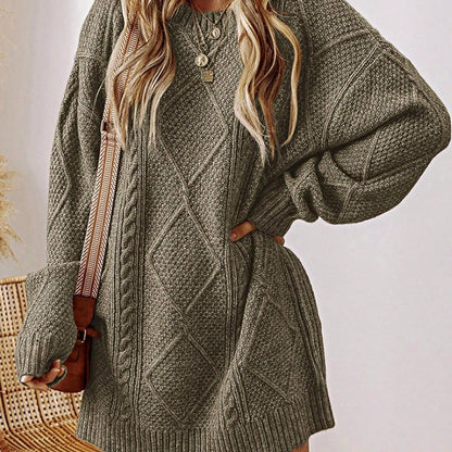 Boho Vacation 90's Cozy Fall/Winter Cable Knit Drop Shoulder Loose Fit Sweater Dress