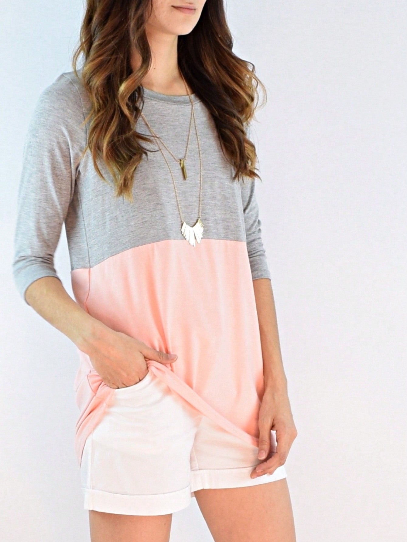 Oatmeal Mint Pink Color Block Folded Cuff Tunic For Leggings Shorts And Jeans  | 7 Colors | S-3X