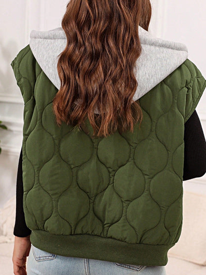 Boho Retro Vintage Quilted Cozy Warm Free Style Drawstring Hooded Zip Up Puffer Vest
