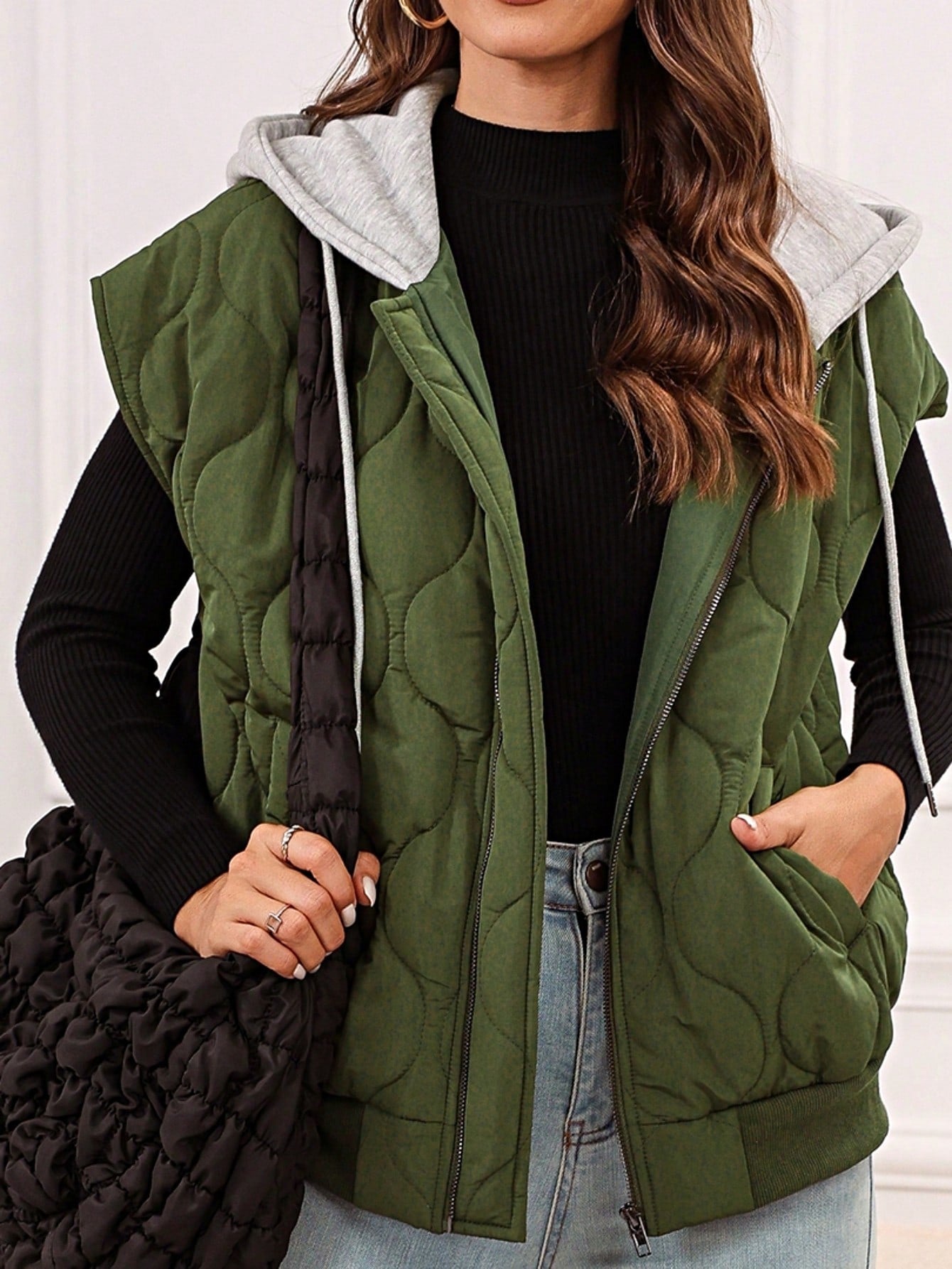 Boho Retro Vintage Quilted Cozy Warm Free Style Drawstring Hooded Zip Up Puffer Vest