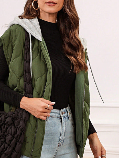 Boho Retro Vintage Quilted Cozy Warm Free Style Drawstring Hooded Zip Up Puffer Vest
