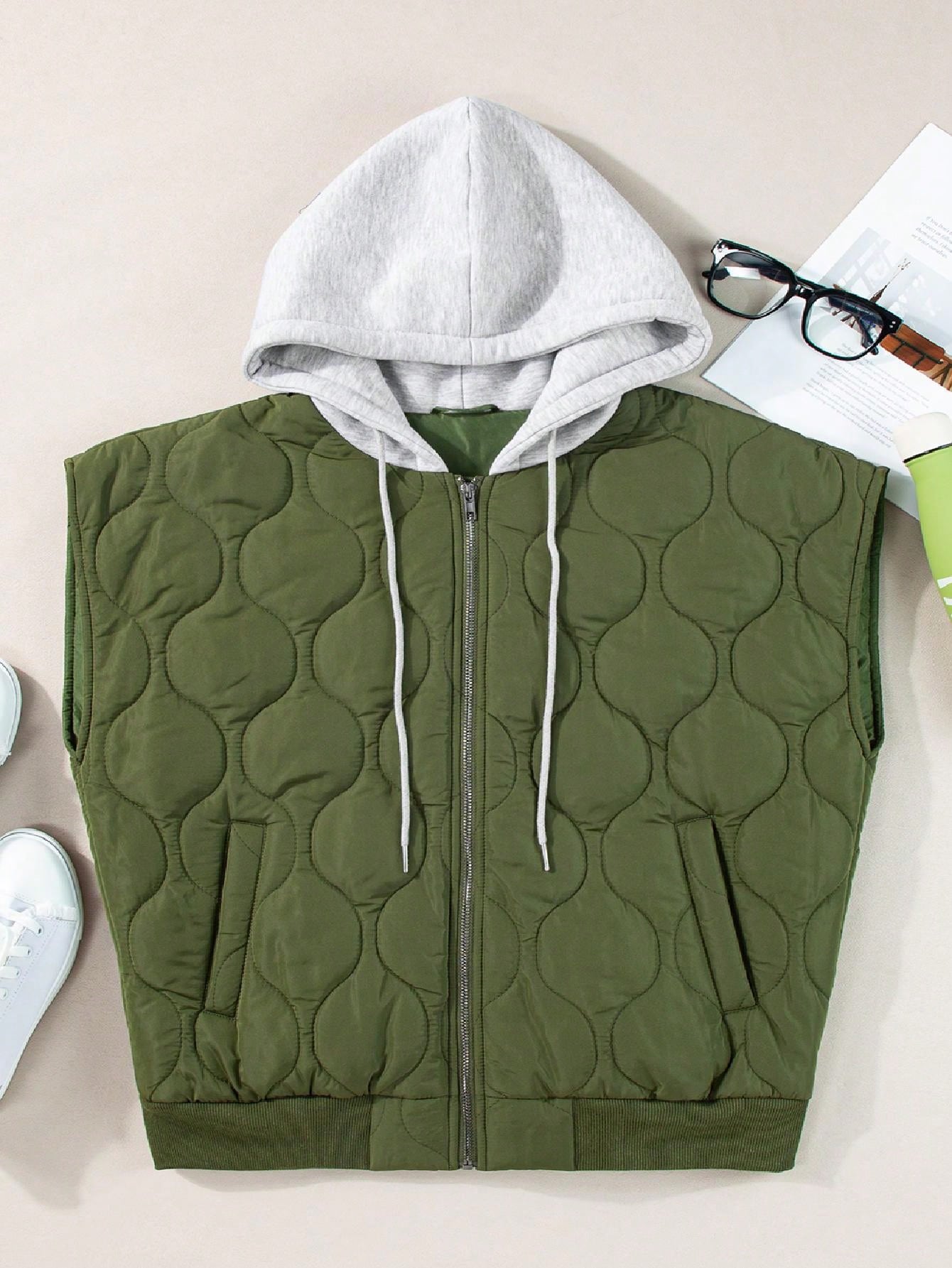 Boho Retro Vintage Quilted Cozy Warm Free Style Drawstring Hooded Zip Up Puffer Vest