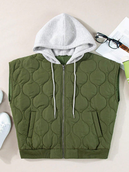 Boho Retro Vintage Quilted Cozy Warm Free Style Drawstring Hooded Zip Up Puffer Vest