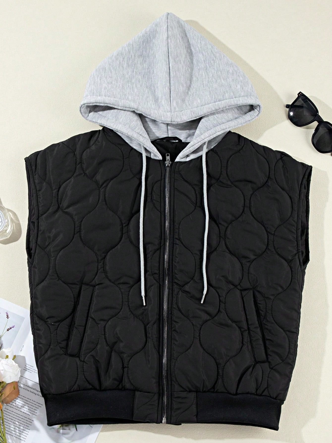Boho Retro Vintage Quilted Cozy Warm Free Style Drawstring Hooded Zip Up Puffer Vest