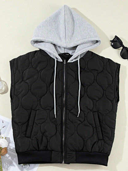 Boho Retro Vintage Quilted Cozy Warm Free Style Drawstring Hooded Zip Up Puffer Vest