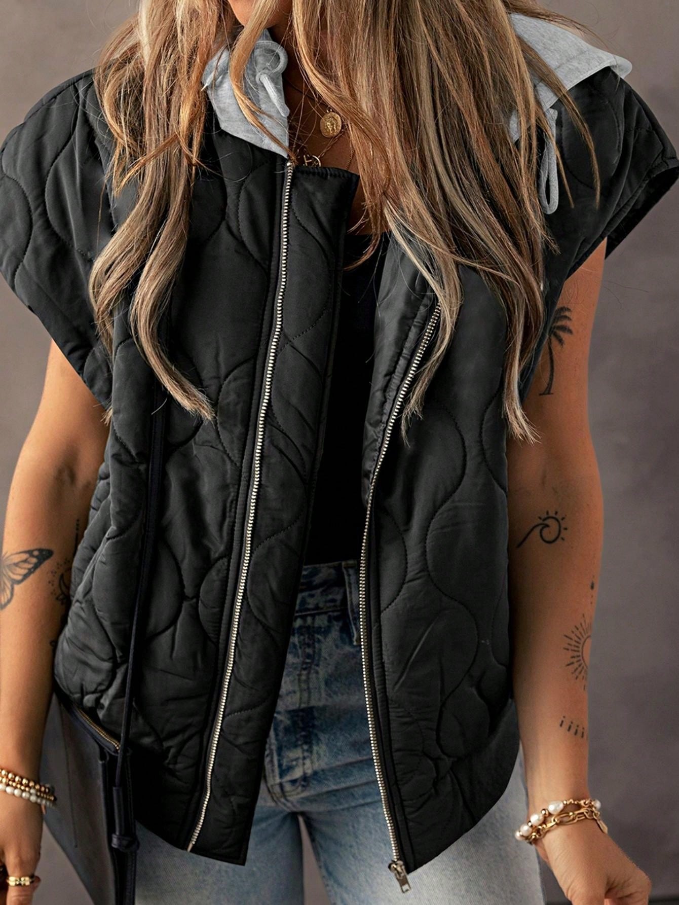 Boho Retro Vintage Quilted Cozy Warm Free Style Drawstring Hooded Zip Up Puffer Vest
