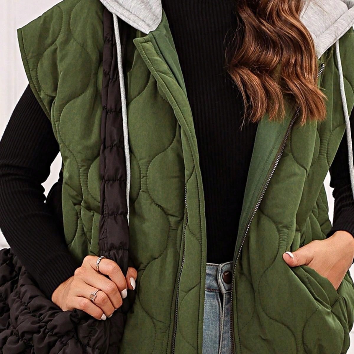 Boho Retro Vintage Quilted Cozy Warm Free Style Drawstring Hooded Zip Up Puffer Vest