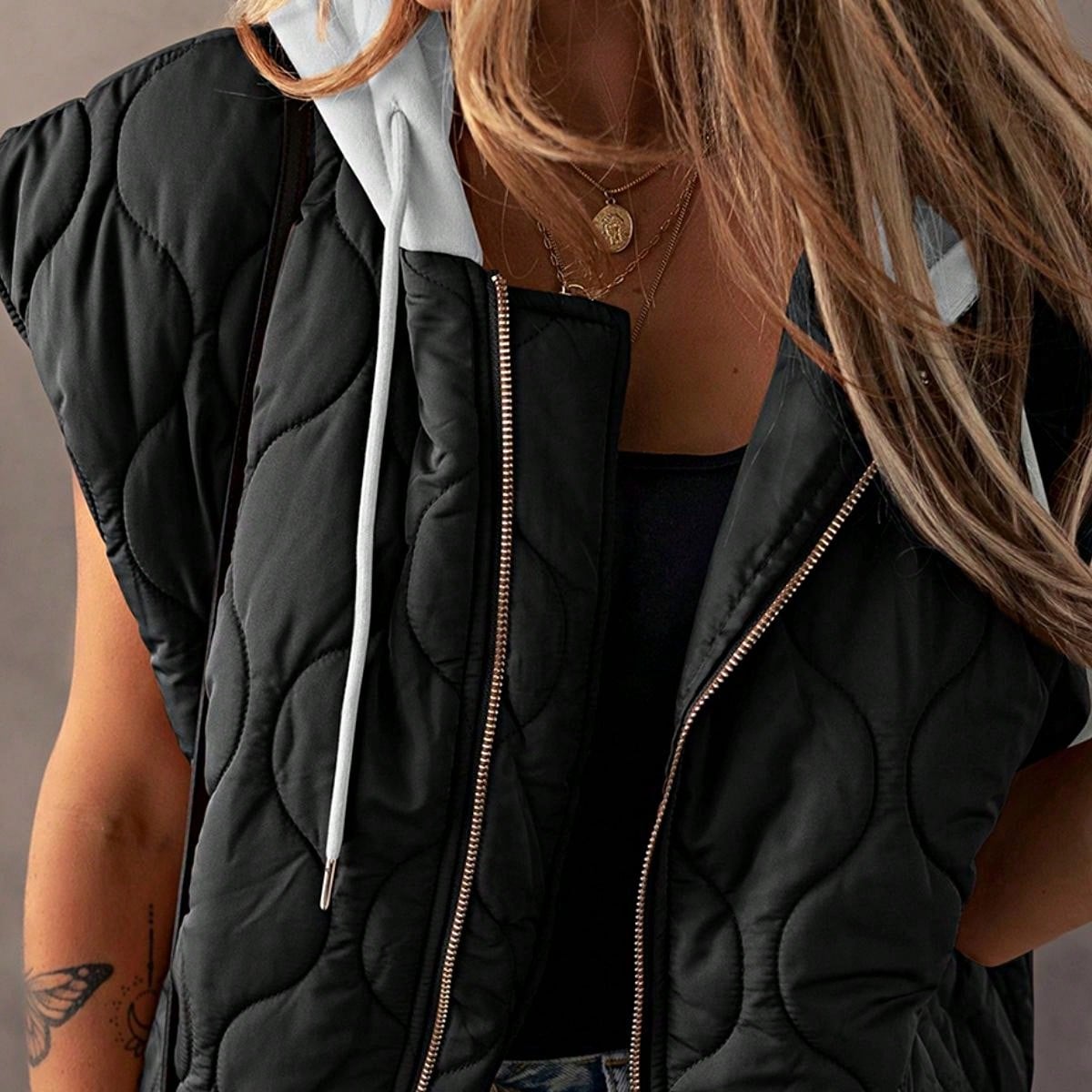 Boho Retro Vintage Quilted Cozy Warm Free Style Drawstring Hooded Zip Up Puffer Vest