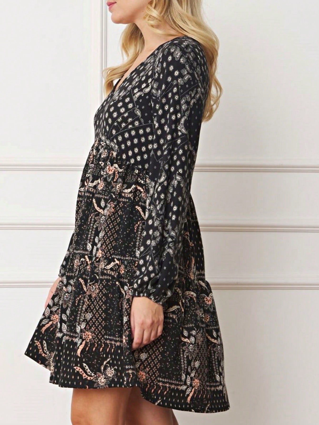 Boho Retro Black Coral  Ivory Burgundy Olive Charcoal  Half  Long Balloon Sleeve Ruffle Bell  Tiered Patch Work Flower Tiered Knit Dress