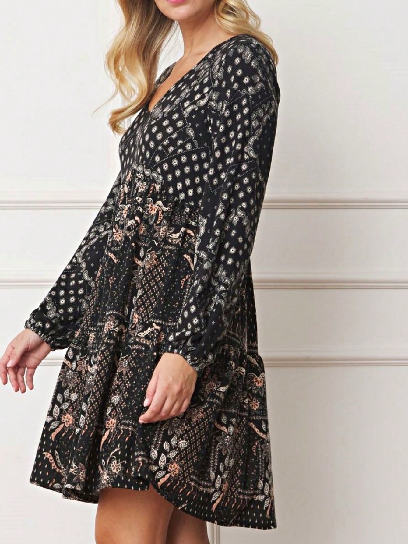 Boho Retro Black Coral  Ivory Burgundy Olive Charcoal  Half  Long Balloon Sleeve Ruffle Bell  Tiered Patch Work Flower Tiered Knit Dress