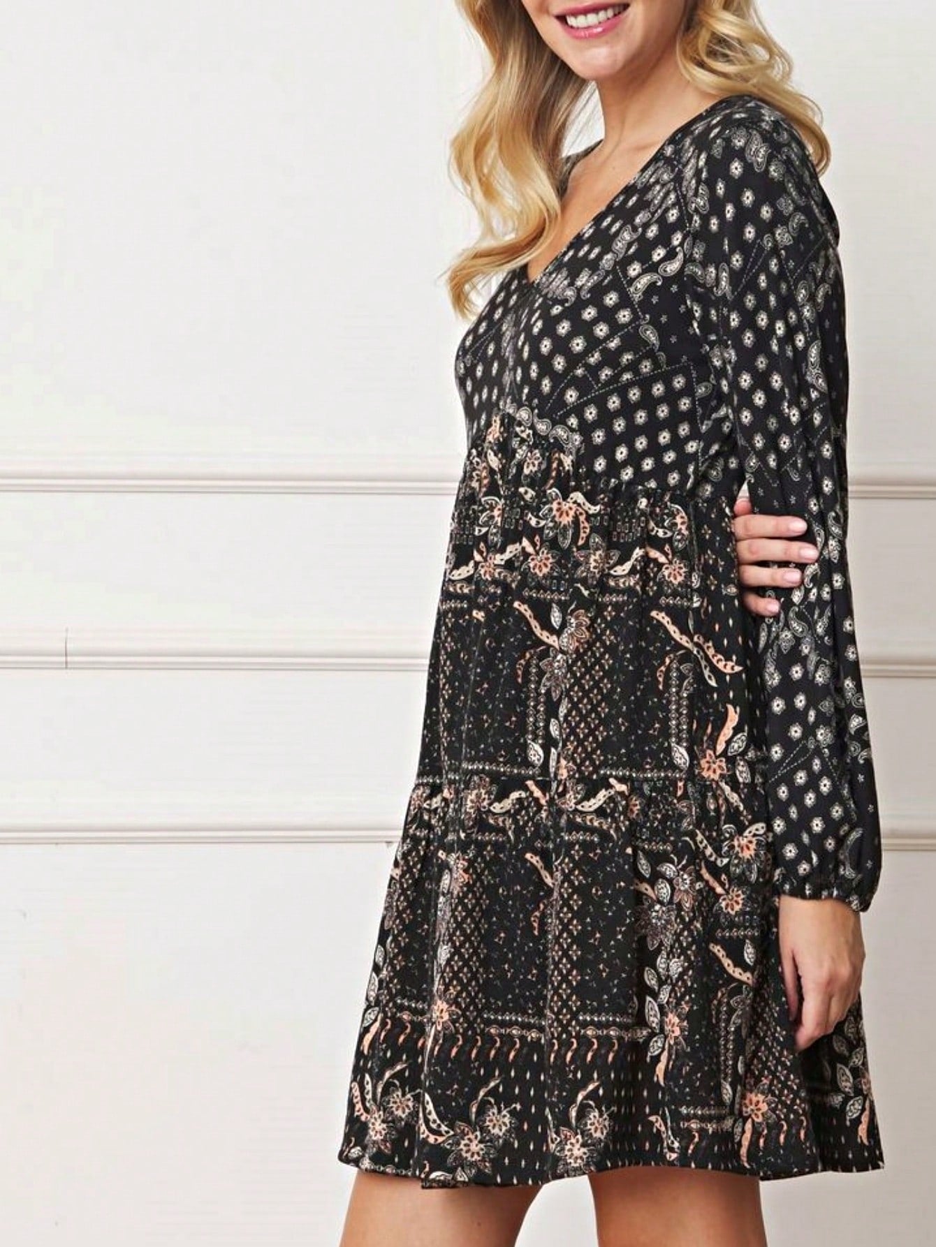 Boho Retro Black Coral  Ivory Burgundy Olive Charcoal  Half  Long Balloon Sleeve Ruffle Bell  Tiered Patch Work Flower Tiered Knit Dress