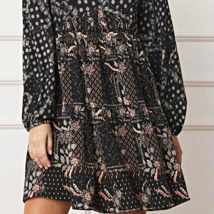Boho Retro Black Coral  Ivory Burgundy Olive Charcoal  Half  Long Balloon Sleeve Ruffle Bell  Tiered Patch Work Flower Tiered Knit Dress