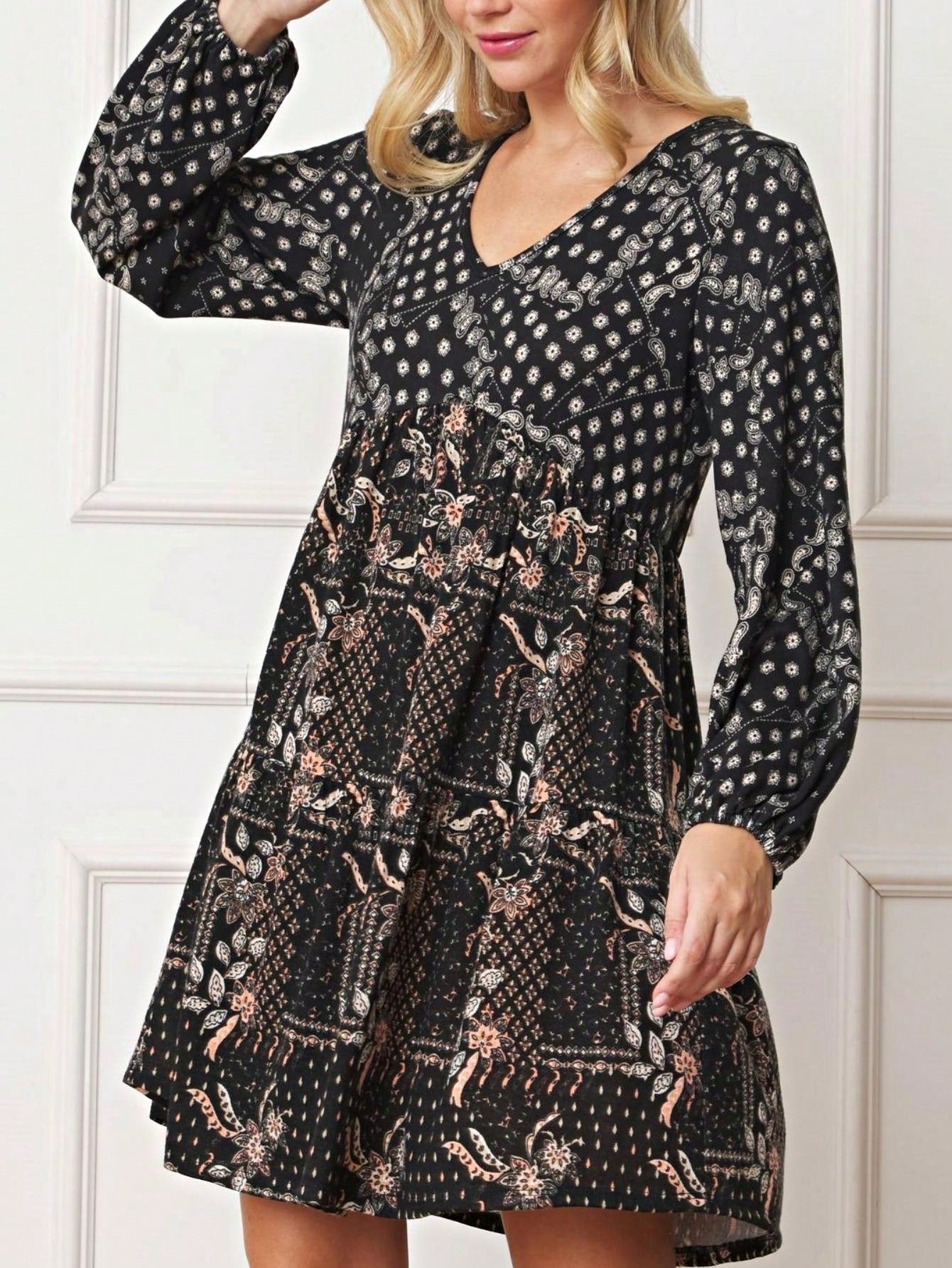 Boho Retro Black Coral  Ivory Burgundy Olive Charcoal  Half  Long Balloon Sleeve Ruffle Bell  Tiered Patch Work Flower Tiered Knit Dress