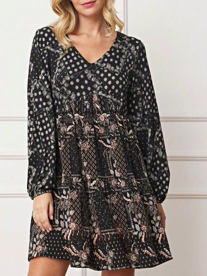 Boho Retro Black Coral  Ivory Burgundy Olive Charcoal  Half  Long Balloon Sleeve Ruffle Bell  Tiered Patch Work Flower Tiered Knit Dress