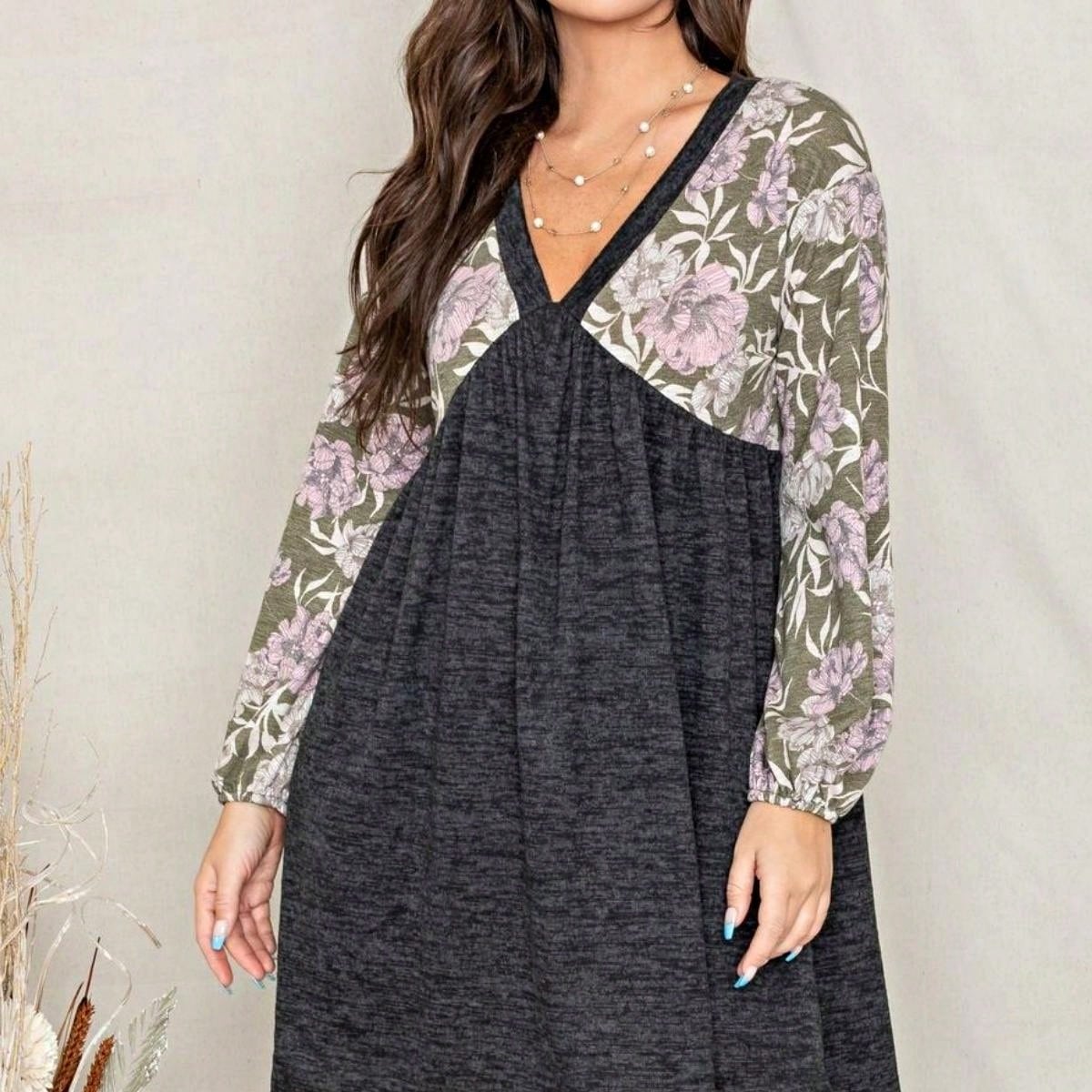 Boho Retro Black Coral  Ivory Burgundy Olive Charcoal  Half  Long Balloon Sleeve Ruffle Bell  Tiered Patch Work Flower Tiered Knit Dress